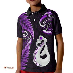 Personalised New Zealand Kid Polo Shirt Aotearoa Silver Fern With Manaia Maori Unique Purple
