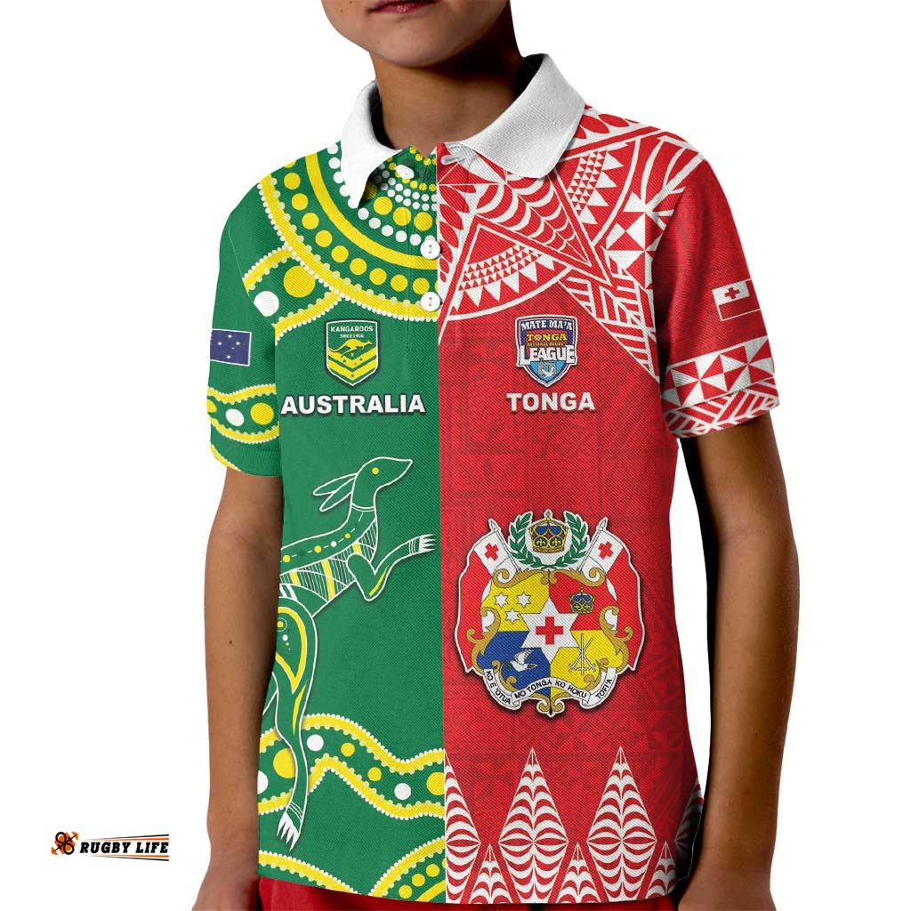Custom Tonga XIII And Australia Kangaroos Kid Polo Shirt Mate Maa Tongan Ngatu With Aboriginal