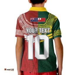 Custom Mate Ma'a Tonga and Australia Kangaroo Kid Polo Shirt Nation Seal with Mascot Aboriginal and Tongan Kupesi Ngatu Art