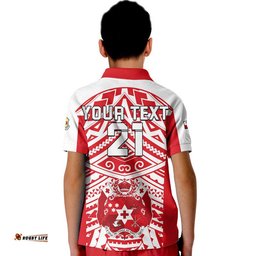 Custom Text And Number Tonga Rugby Sevens Kid Polo Shirt Coat of Arms Tribal Polynesian Pattern