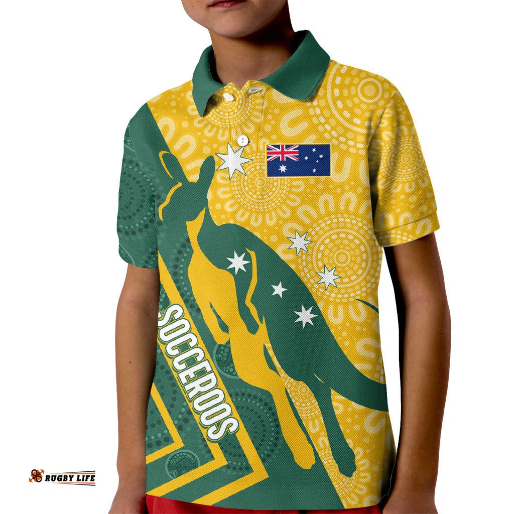 Personalised Australia Socceroos Indigenous Kid Polo Shirt Green & Gold