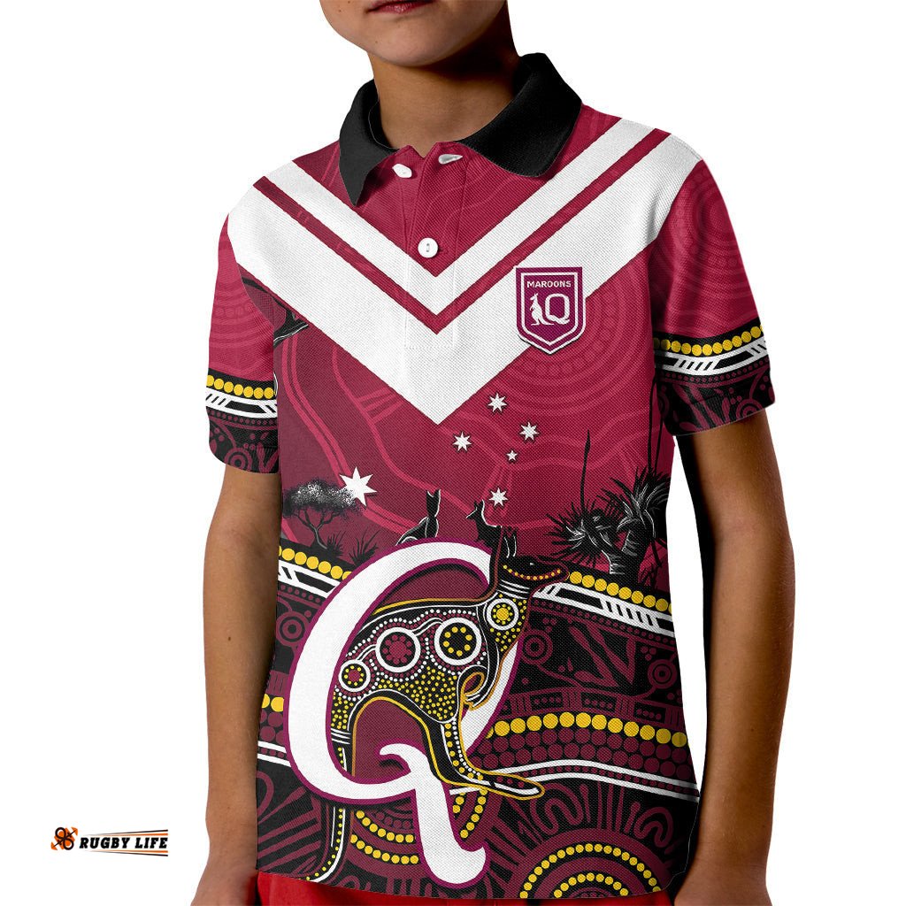 Personalised QLD Maroons Rugby Kid Polo Shirt Go Queensland Kangaroo Indigenous