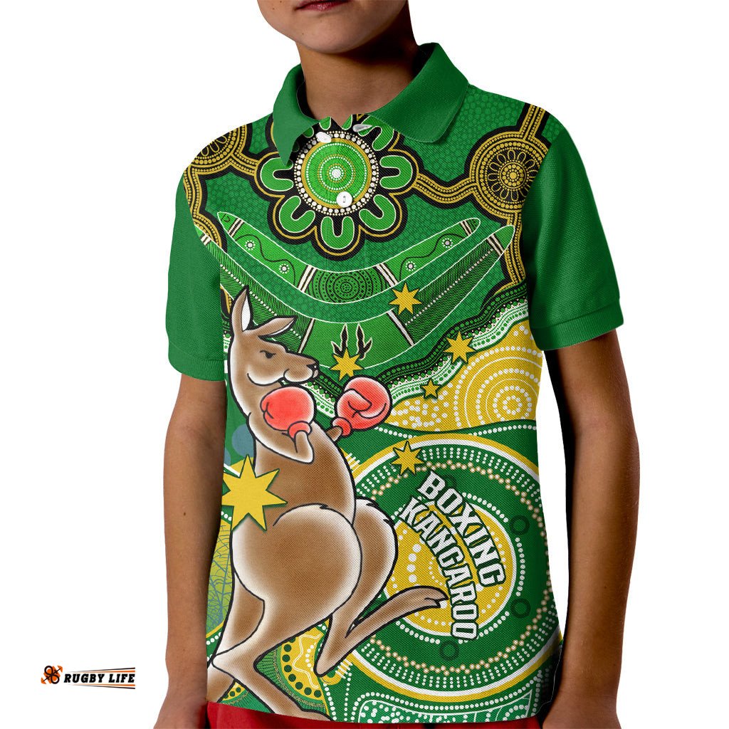 Personalised Australia Boxing Kangaroo Kid Polo Shirt Aussie Indigenous Art Mix National Color