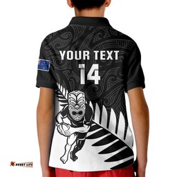 Personalised New Zealand Silver Fern Rugby Kid Polo Shirt All BlackGo Champions Maori Pattern