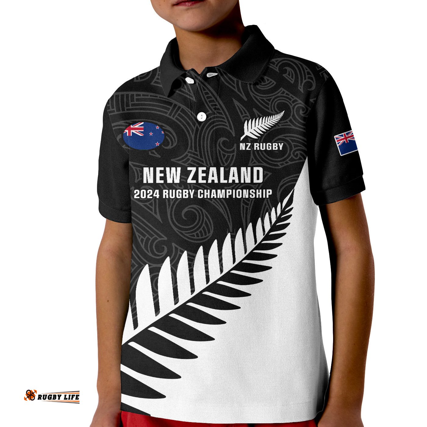 Personalised New Zealand Silver Fern Rugby Kid Polo Shirt All BlackGo Champions Maori Pattern