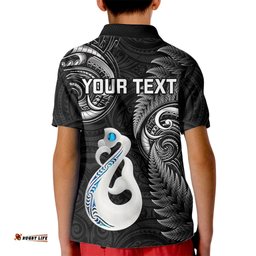 Personalised New Zealand Kid Polo Shirt Aotearoa Silver Fern With Manaia Maori Unique Black