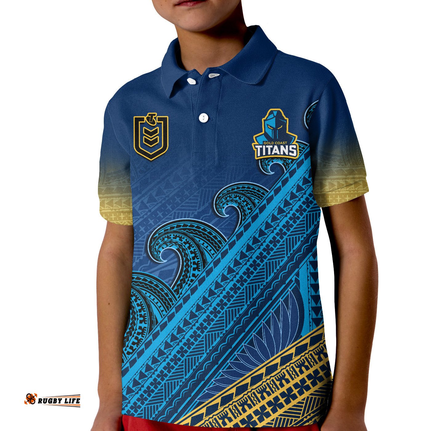 Gold Coast Titans Rugby Polo Shirt KID Pasifika Gradient Polynesian Pattern