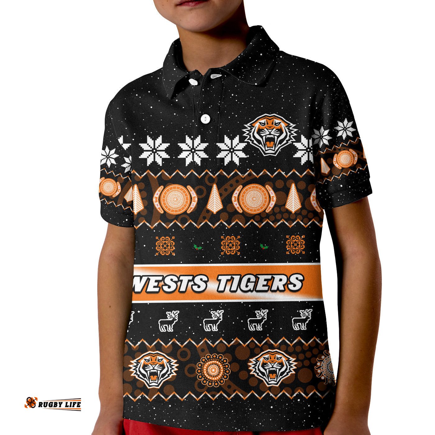 Wests Tigers Christmas Polo Shirt KID Aboriginal Art Merry Xmas