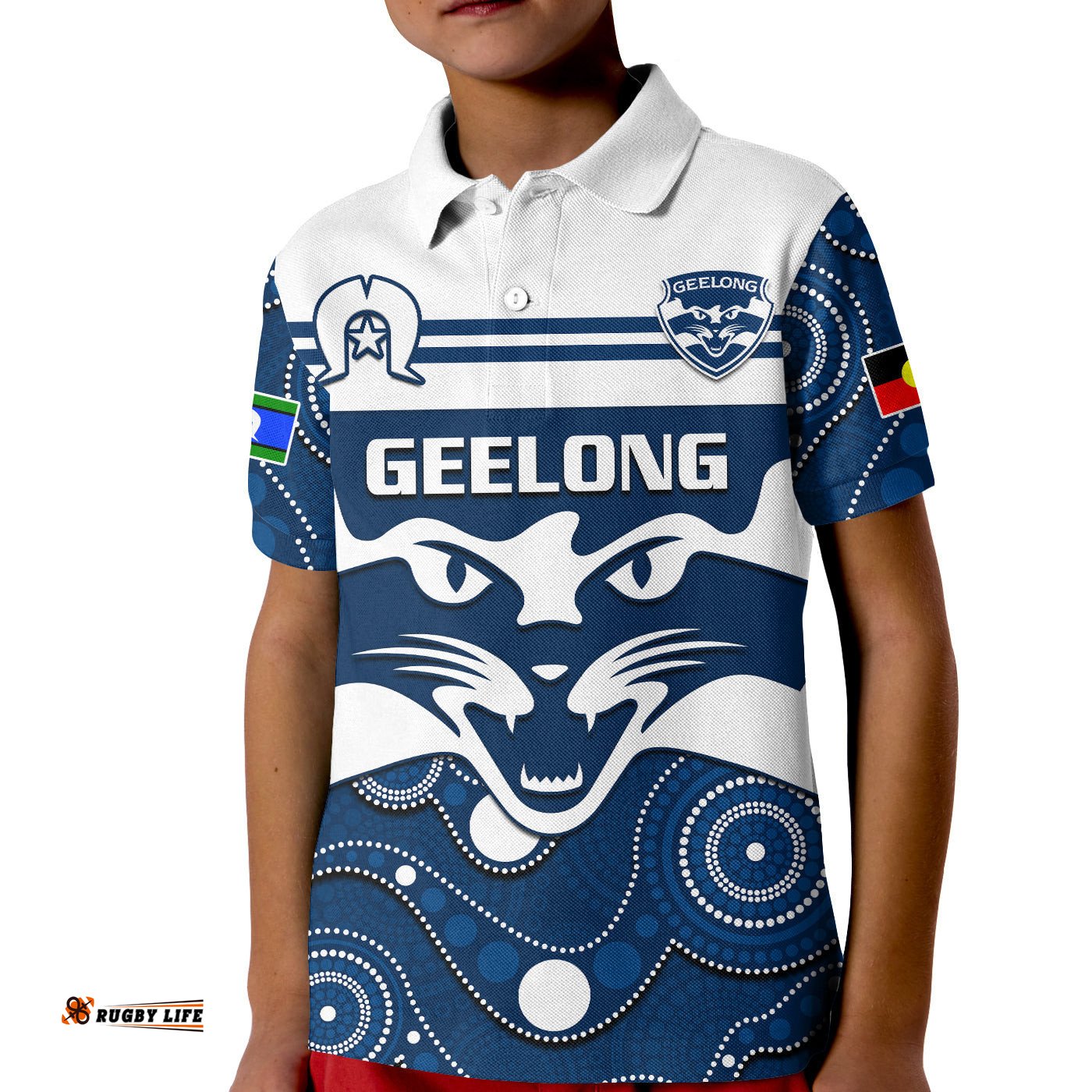 Custom Text And Number Geelong Football NAIDOCPolo Shirt KID Cats For Our Elders Indigenous Art