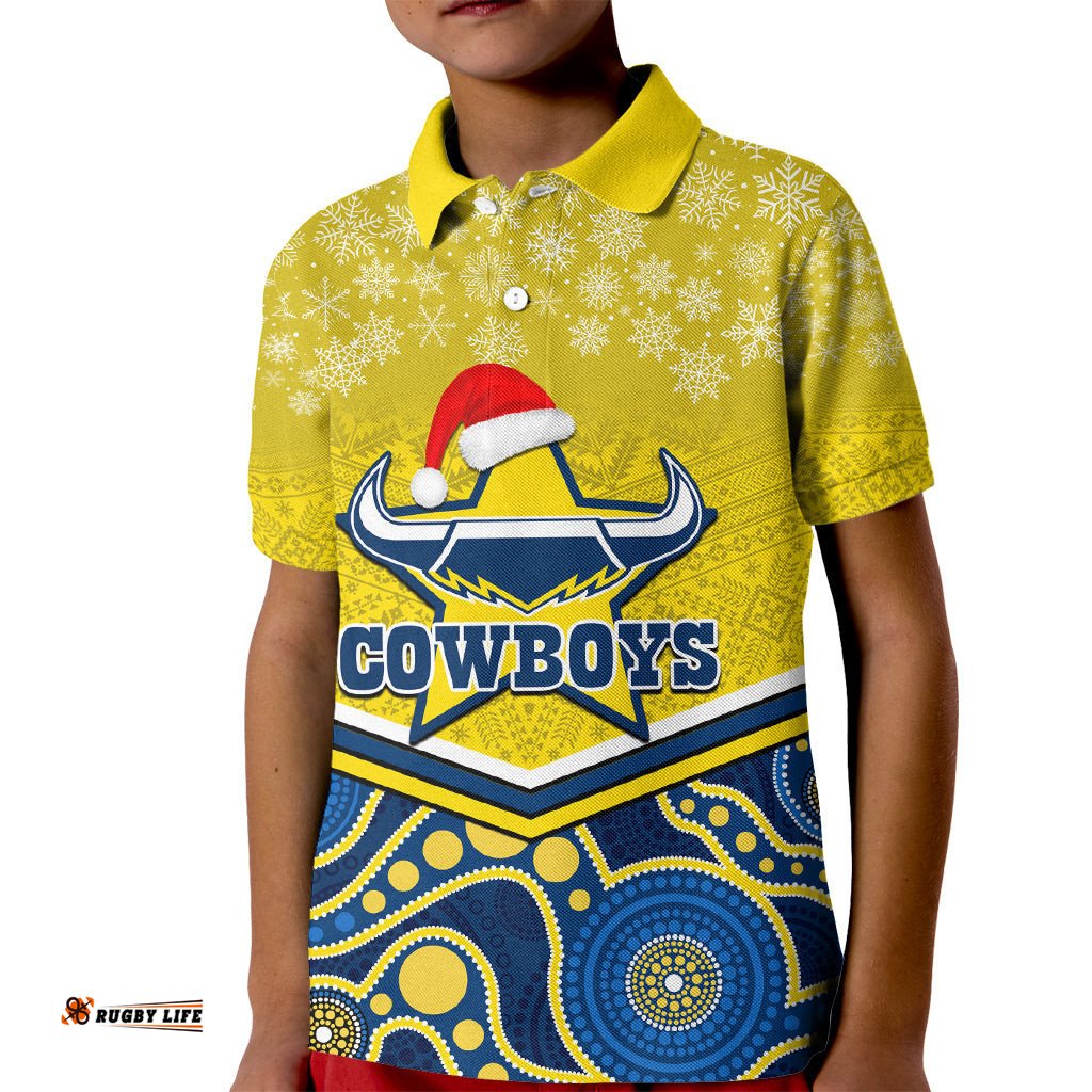 Custom Cowboys Rugby Christmas Kid Polo Shirt Merry XmasMix Aboriginal Art Blue Version