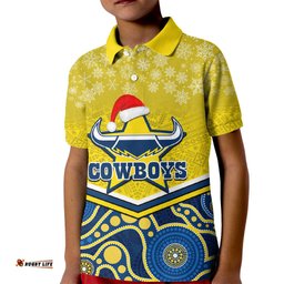 Custom Cowboys Rugby Christmas Kid Polo Shirt Merry XmasMix Aboriginal Art Blue Version
