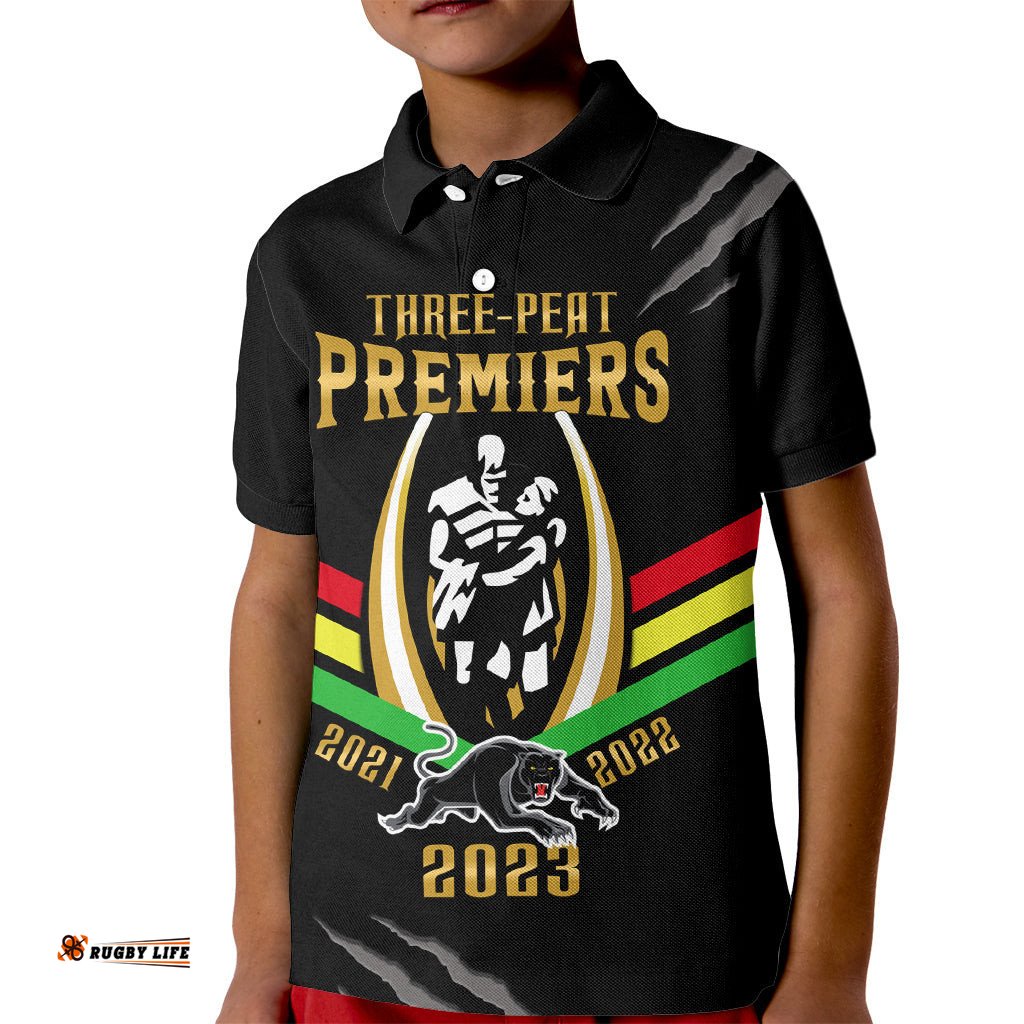 Personalised NRL Panthers Kid Polo Shirt PremiersThree Peat Proud Of Our Boys Black