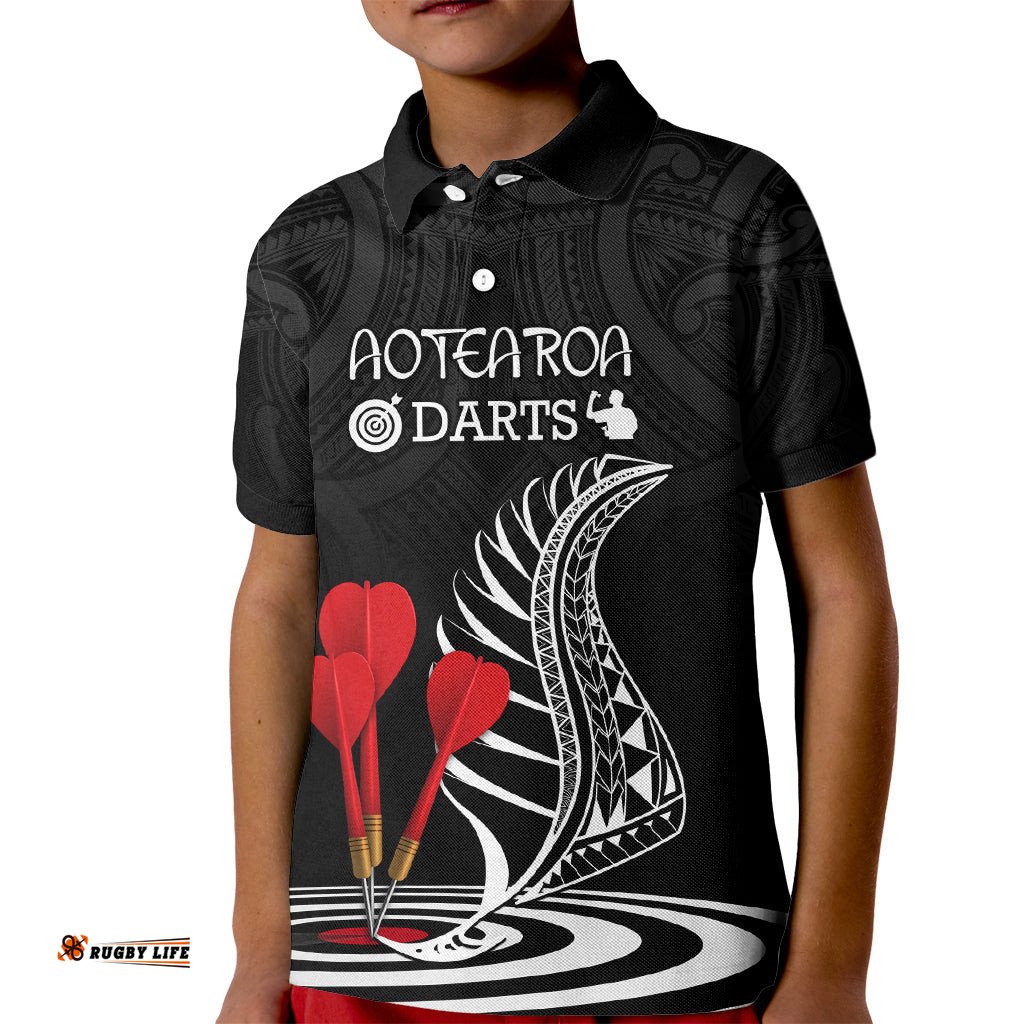 Personalised New Zealand Darts Kid Polo Shirt Aotearoa Maori Fern Bring It On