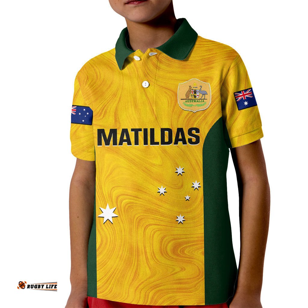 Personalised Australia Soccer Kid Polo Shirt Gold Matildas World CupGo Champions