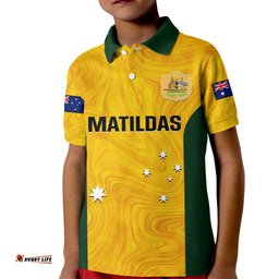 Personalised Australia Soccer Kid Polo Shirt Gold Matildas World CupGo Champions