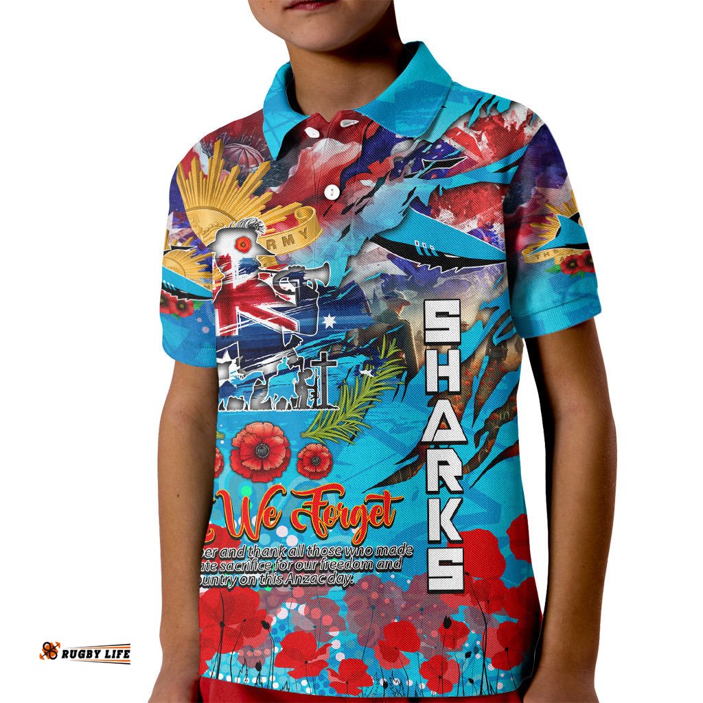 Personalised Australia Rugby Sharks ANZAC Kid Polo Shirt Cronulla-Sutherland Scratch Style