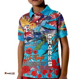 Personalised Australia Rugby Sharks ANZAC Kid Polo Shirt Cronulla-Sutherland Scratch Style