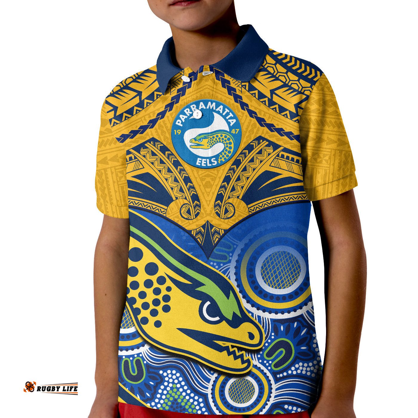 Parramatta RugbyPolo Shirt KID Go Eels Polynesian Mix Indigenous Art