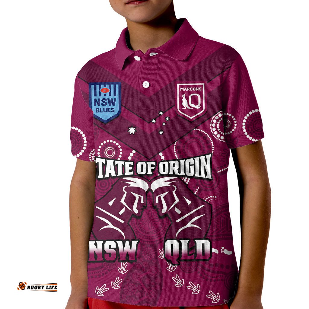Personalised QLD Maroons and NSW Blues Rugby Kid Polo Shirt State of OriginIndigenous Maroon