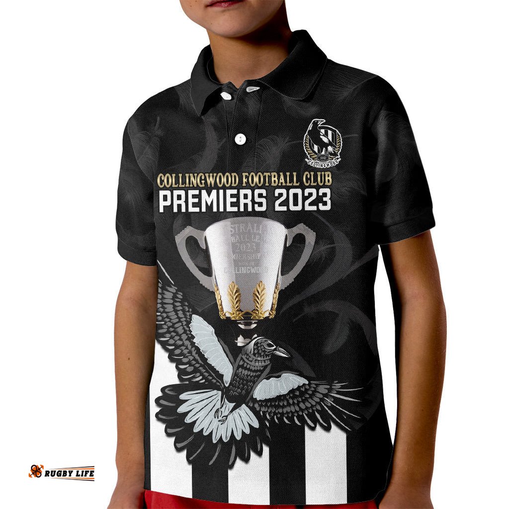 Personalised AFL Collingwood Kid Polo Shirt Magpies PremiersWith Trophy Proud