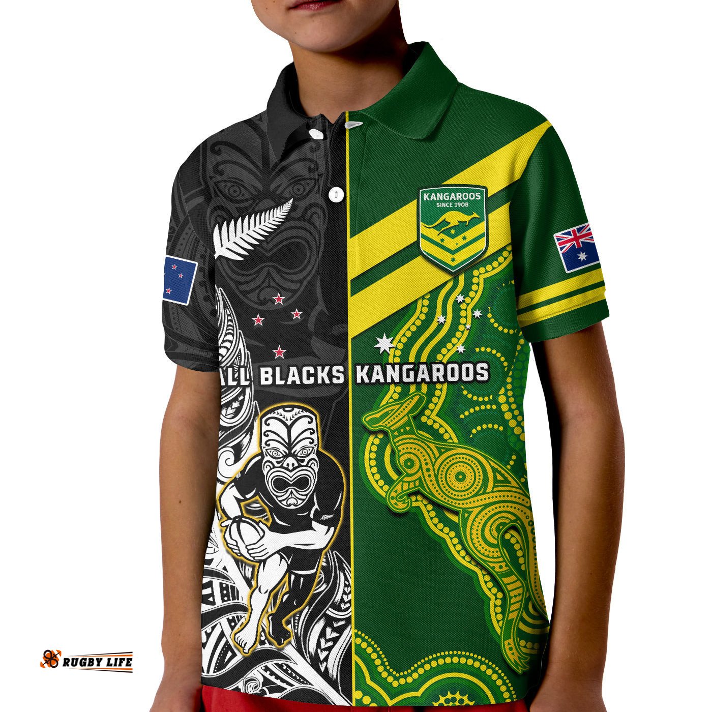 Custom Personalised Australia Kangaroos And All Black Rugby Polo Shirt KID Aboriginal Mix NZ Maori Fern