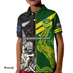 Custom Personalised Australia Kangaroos And All Black Rugby Polo Shirt KID Aboriginal Mix NZ Maori Fern