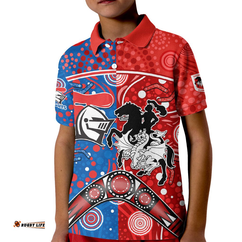 NRL Knights and Dragons Together Kid Polo Shirt Boomerang Indigenous Dots