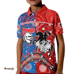 NRL Knights and Dragons Together Kid Polo Shirt Boomerang Indigenous Dots