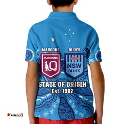 QLD Maroons and NSW Blues Rugby Kid Polo Shirt State of OriginIndigenous Blue