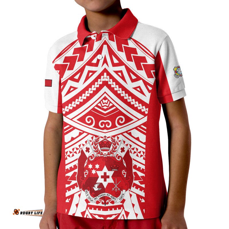 Tonga Rugby Sevens Kid Polo Shirt Coat of Arms Tribal Polynesian Pattern