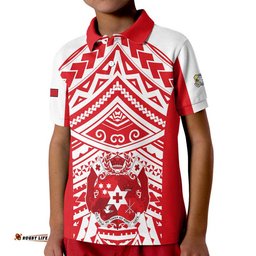 Tonga Rugby Sevens Kid Polo Shirt Coat of Arms Tribal Polynesian Pattern