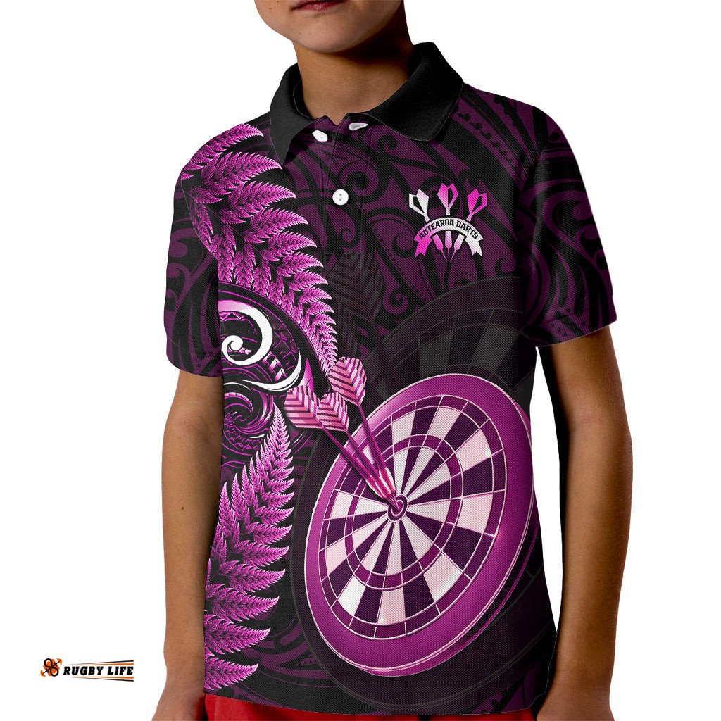 Personalised New Zealand Darts Kid Polo Shirt Happiness Is A Tight Threesome Maori Pink