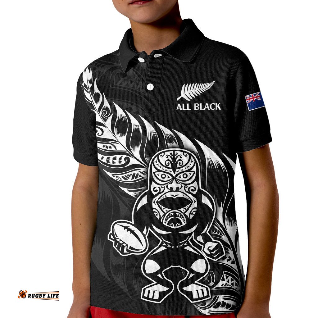 Custom Text And Number New Zealand All Black Rugby Kid Polo Shirt