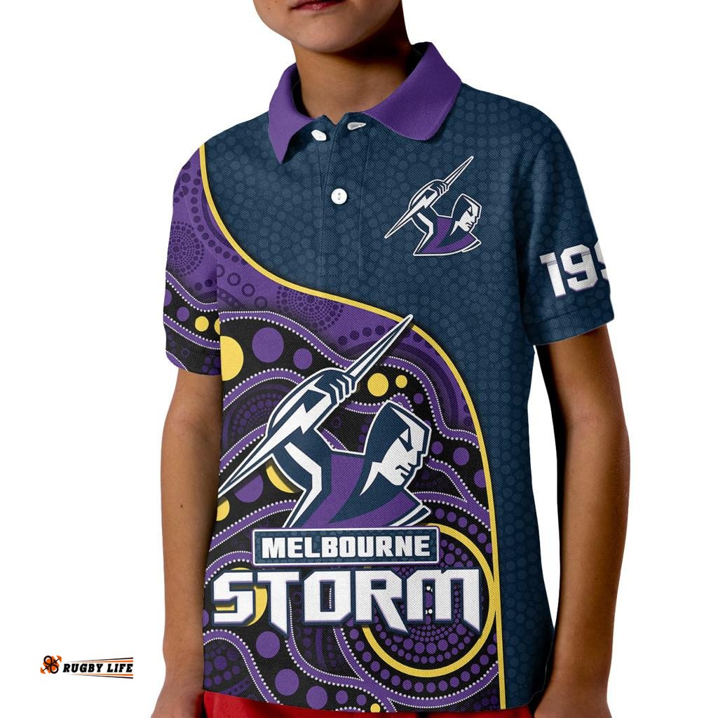 Custom Text And Number Storm Rugby Kid Polo Shirt Est 1997 Indigenous Art