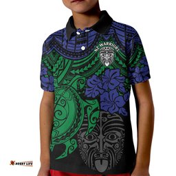 Custom New Zealand Warriors Rugby Kid Polo Shirt Hibiscus and Turtle With Polynesian Pattern
