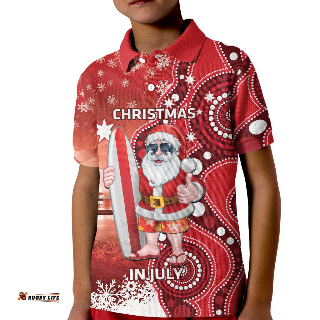 Christmas In July Australia Kid Polo Shirt Santa Surfboard Sydney Opera House - Red