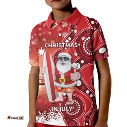 Christmas In July Australia Kid Polo Shirt Santa Surfboard Sydney Opera House - Red