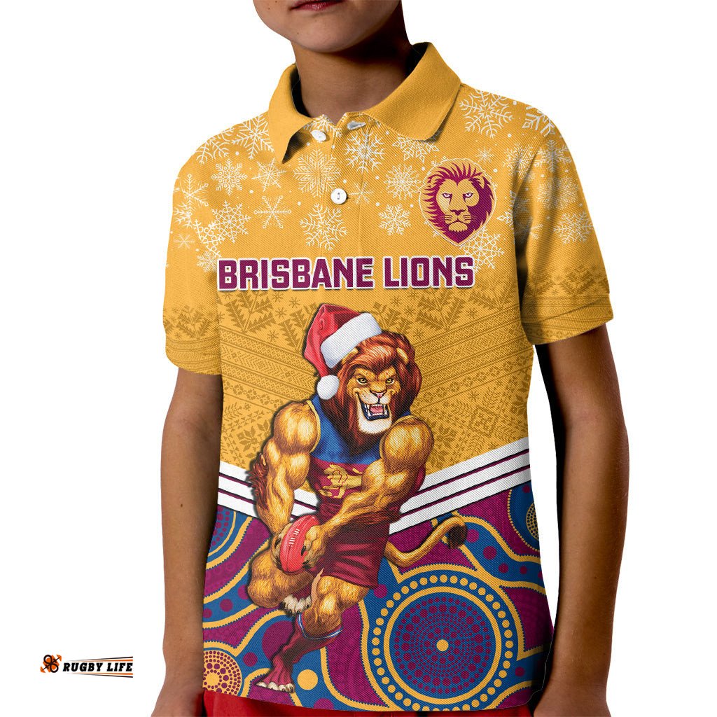 Custom Brisbane Lions Football Christmas Kid Polo Shirt Merry XmasMix Aboriginal Art