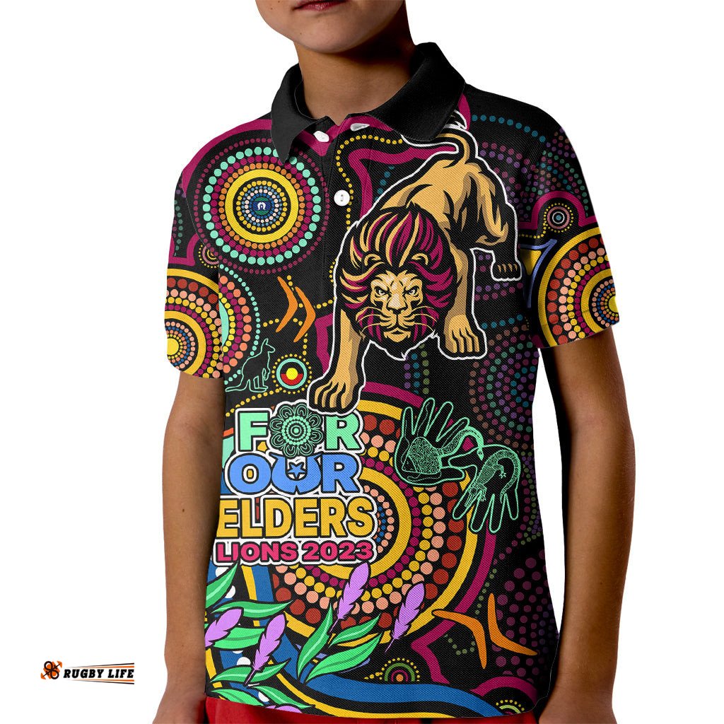 Lions Football Aboriginal Art Kid Polo Shirt NAIDOC Indigenous Tribal