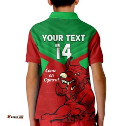 Custom Wales Rugby Kid Polo Shirt 2024 Six Nations Come On Cymru Mascot Sporty