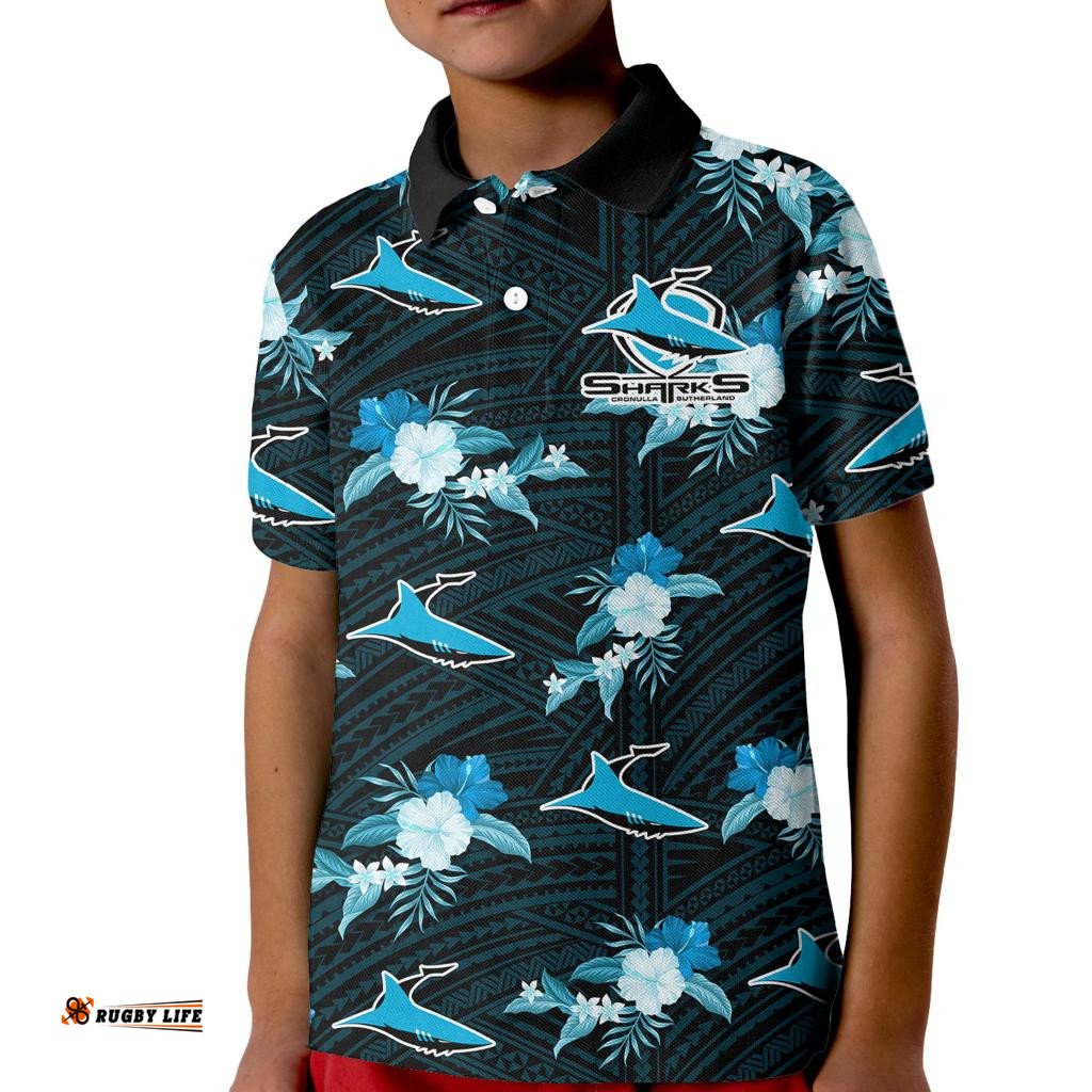 Custom Text And Number Sharks Rugby Kid Polo Shirt Polynesian Tribal Mix Tropical Hawaiian Style
