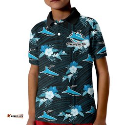 Custom Text And Number Sharks Rugby Kid Polo Shirt Polynesian Tribal Mix Tropical Hawaiian Style
