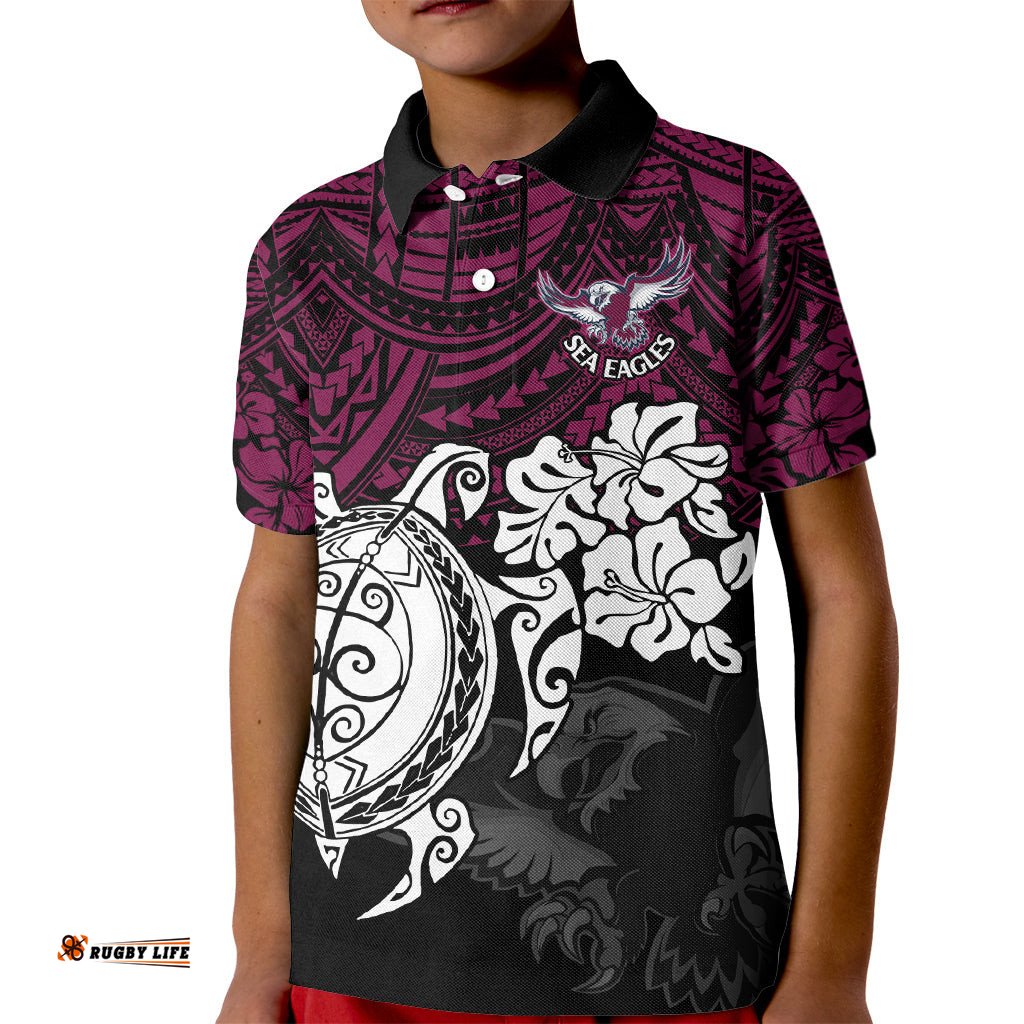 Custom Sea Eagles Rugby Kid Polo Shirt Silvertails Hibiscus and Turtle With Polynesian Pattern