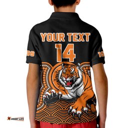 Custom Text And Number Wests Tigers Rugby Polo Shirt KID Indigenous Black Artsy