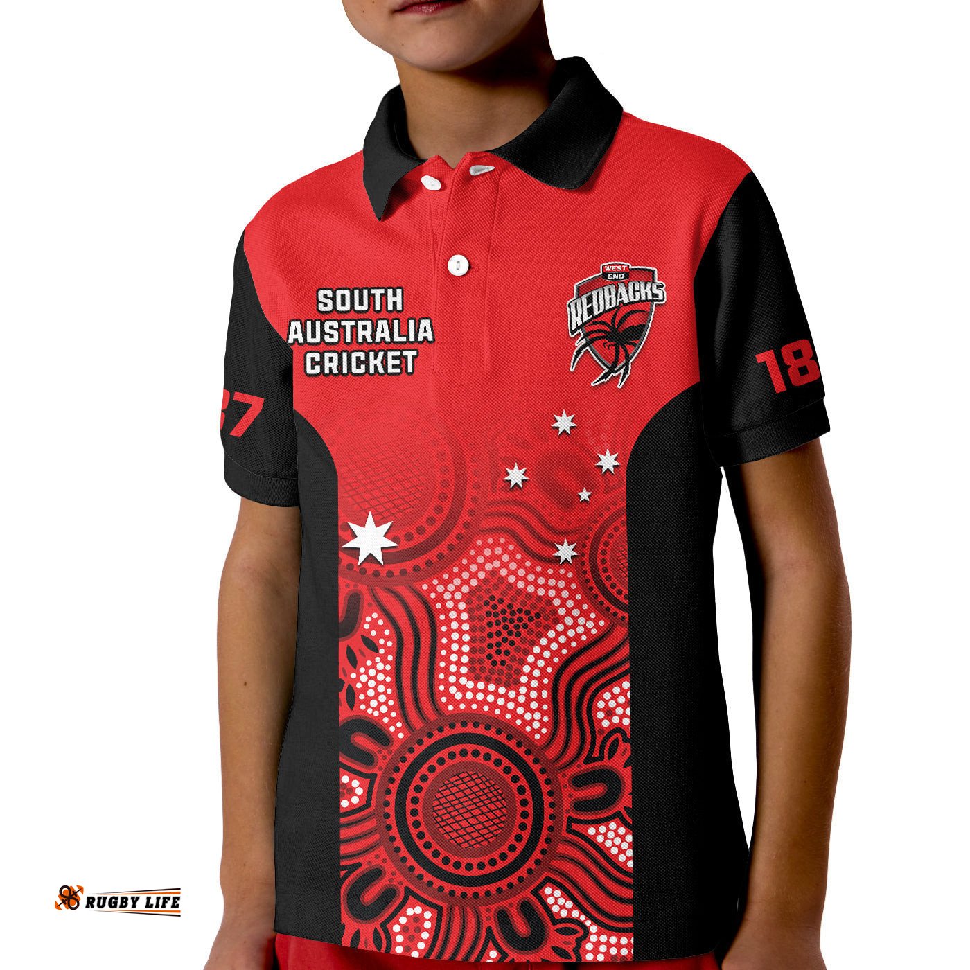Custom Text And Number South Australia CricketPolo Shirt KID West End Redbacks Sheffield Shield Indigenous