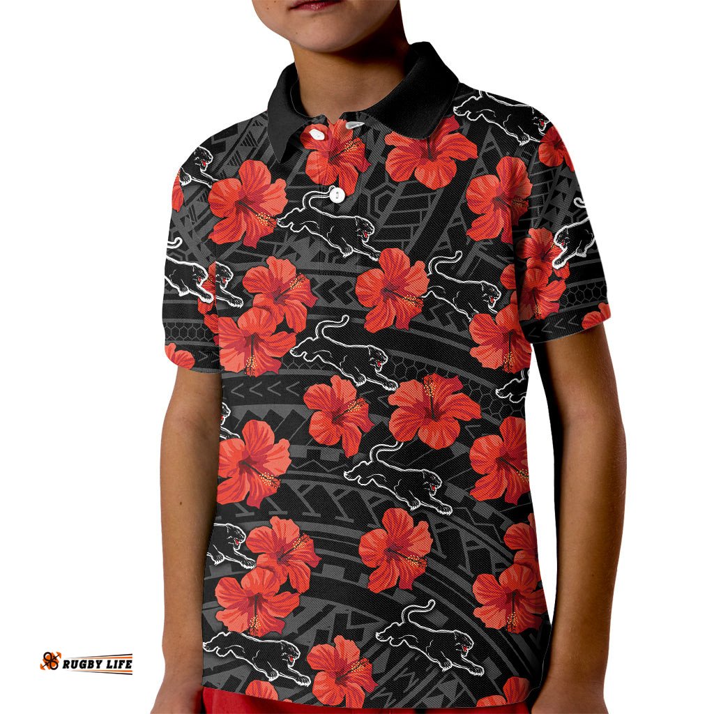 Panthers Rugby Kid Polo Shirt Polynesian Style With Hibiscus