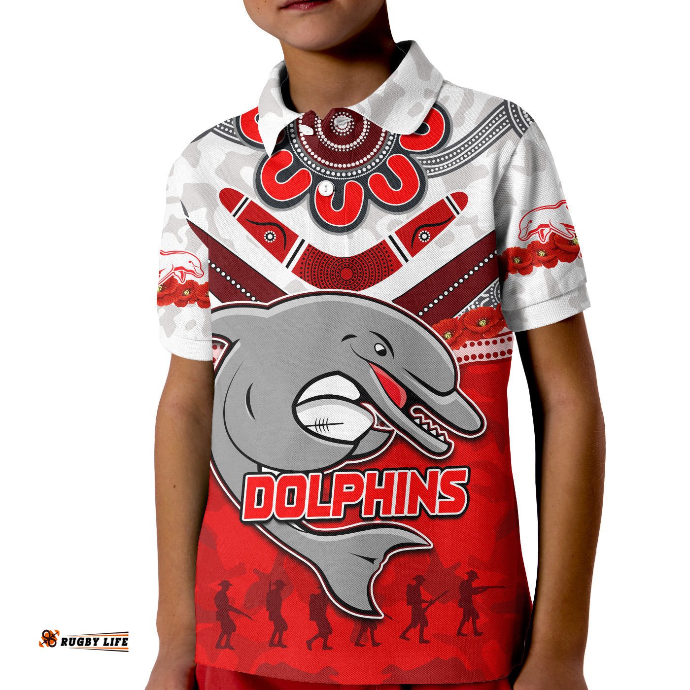 Custom Personalised Dolphins Rugby Polo Shirt KID ANZAC Day Poppy Aboriginal