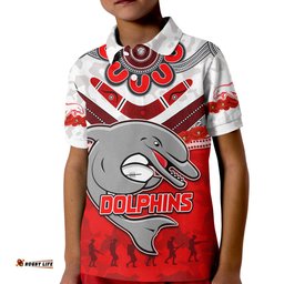 Custom Personalised Dolphins Rugby Polo Shirt KID ANZAC Day Poppy Aboriginal