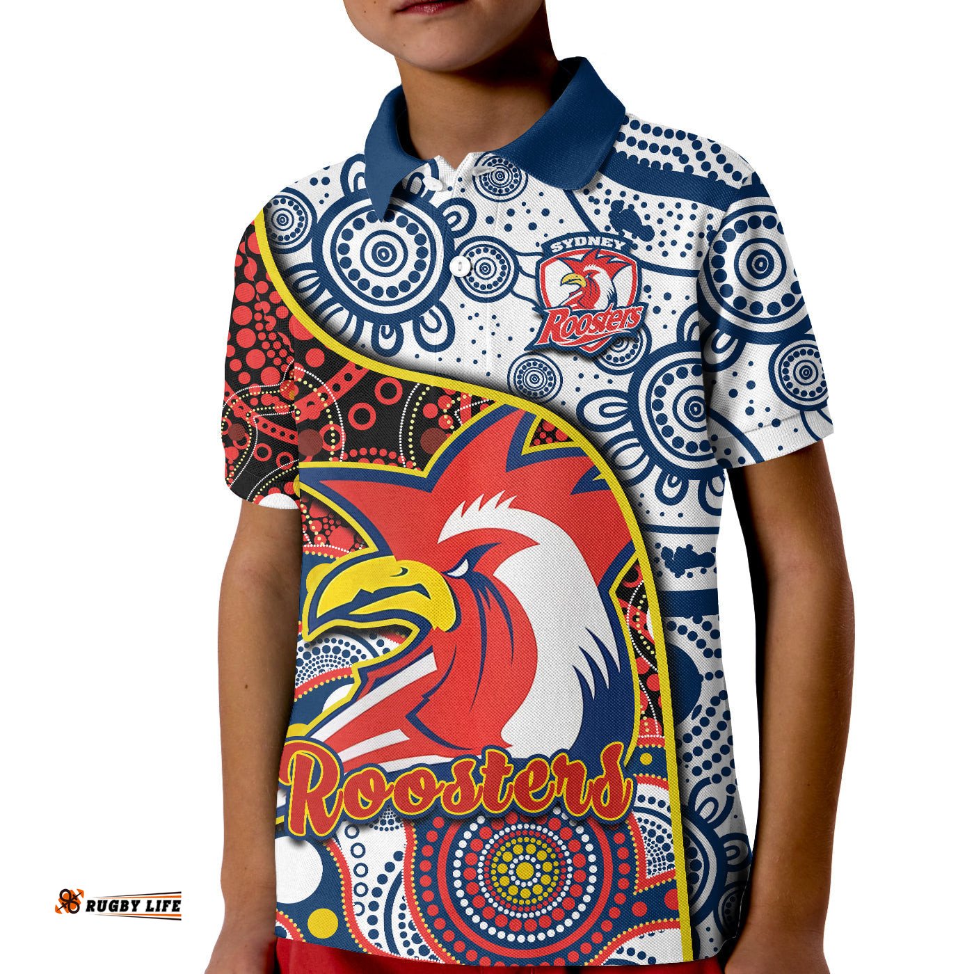 Roosters Rugby Polo Shirt KID Easts 1908 Aboriginal Artsy Premiers