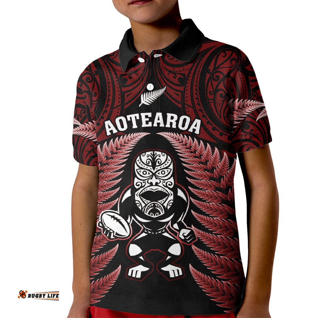 New Zealand Aotearoa Rugby Kid Polo Shirt NZ Tiki With Maori Fern World Cup Red Version
